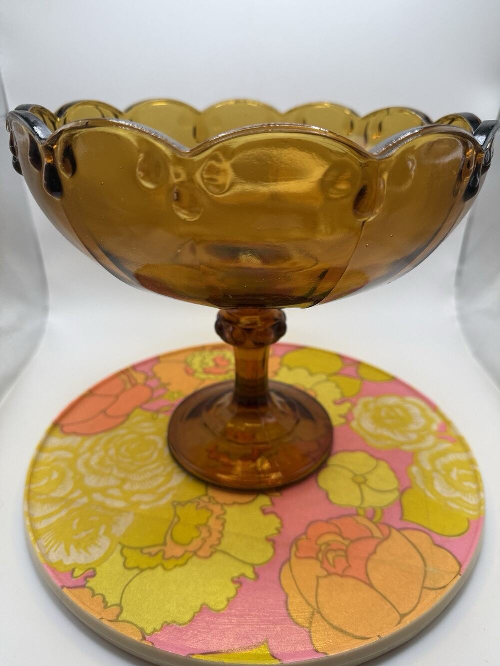 Vintage Indiana Glass Amber "Teardrop" Pedestal Bowl Compote w/Scalloped Rim